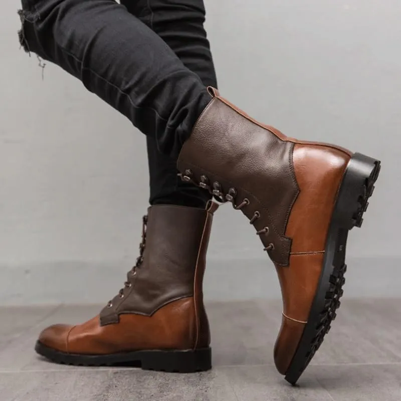 Shoes Men's Personalized Brown Stitching Lace-up Leather Boots Oxford Shoes(8)