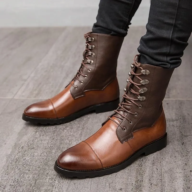 Shoes Men's Personalized Brown Stitching Lace-up Leather Boots Oxford Shoes(8)