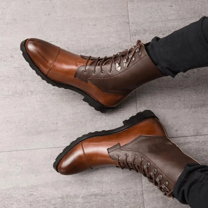 Shoes Men's Personalized Brown Stitching Lace-up Leather Boots Oxford Shoes(8)