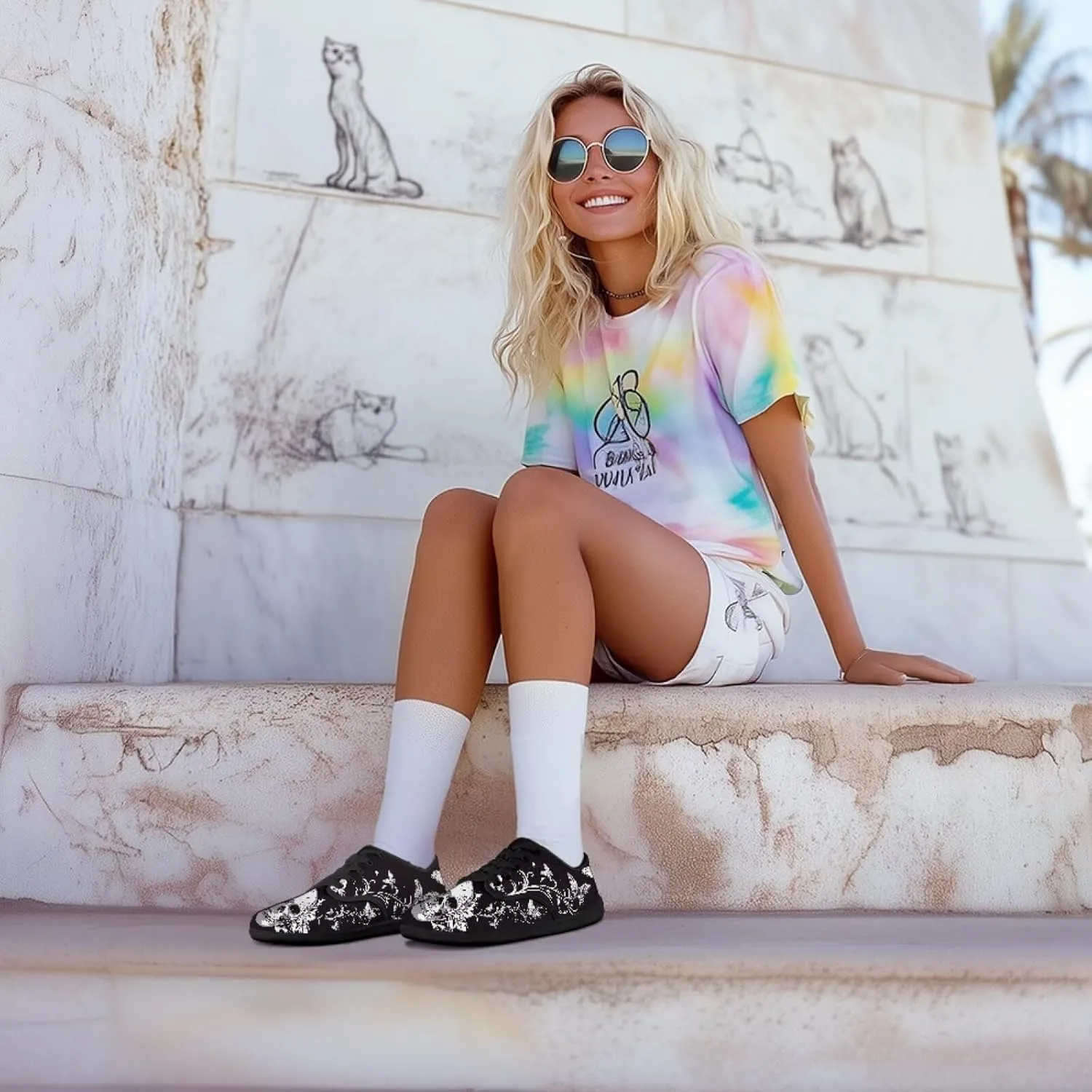 Skull Print Walking Shoes Running Sneakers Fashion Work Flats Lace-Up Driving Loafers for Women