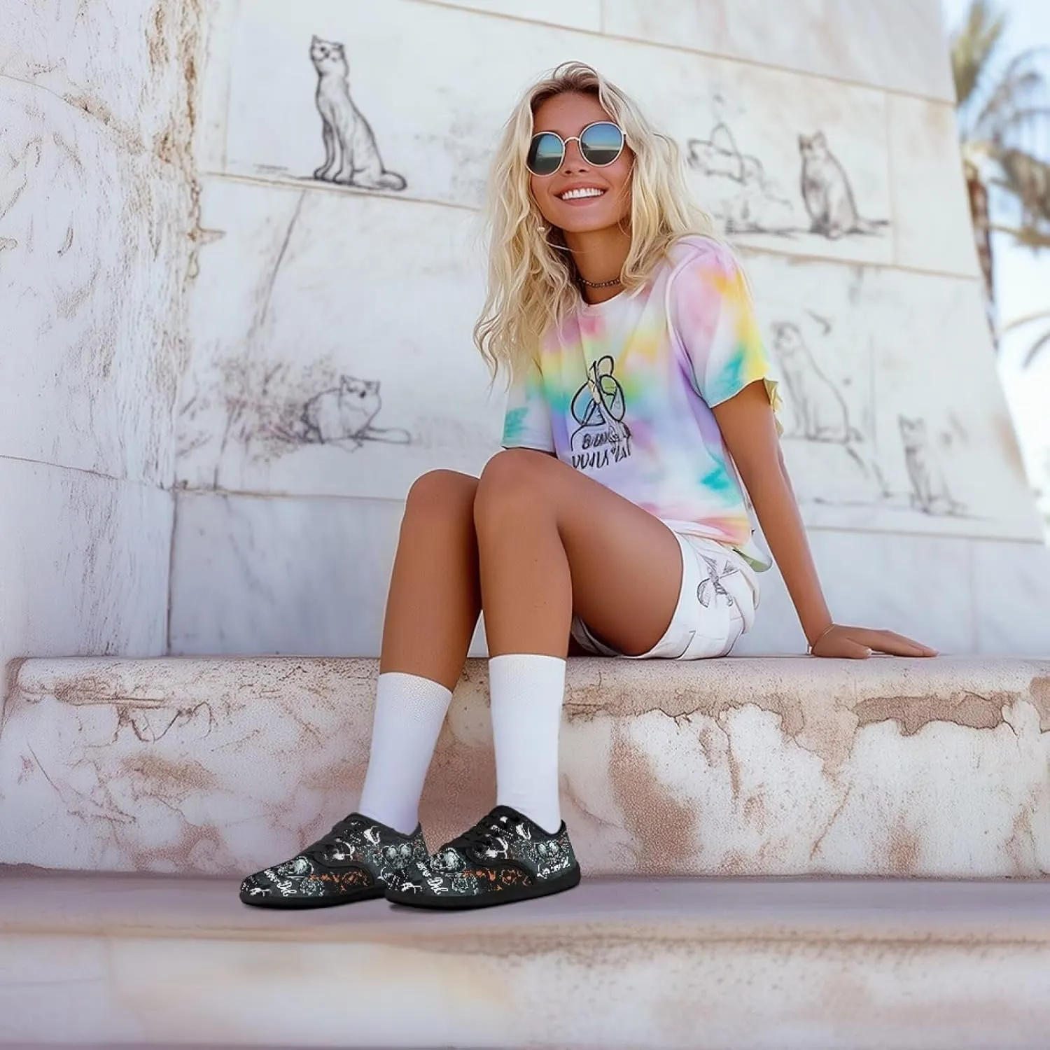 Skull Print Walking Shoes Running Sneakers Fashion Work Flats Lace-Up Driving Loafers for Women