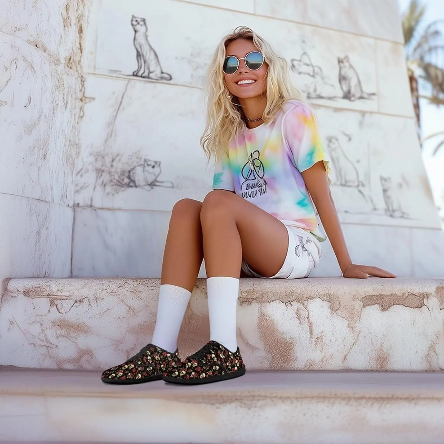 Skull Print Walking Shoes Running Sneakers Fashion Work Flats Lace-Up Driving Loafers for Women