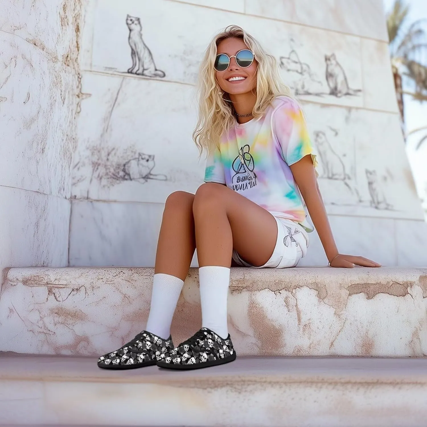 Skull Print Walking Shoes Running Sneakers Fashion Work Flats Lace-Up Driving Loafers for Women