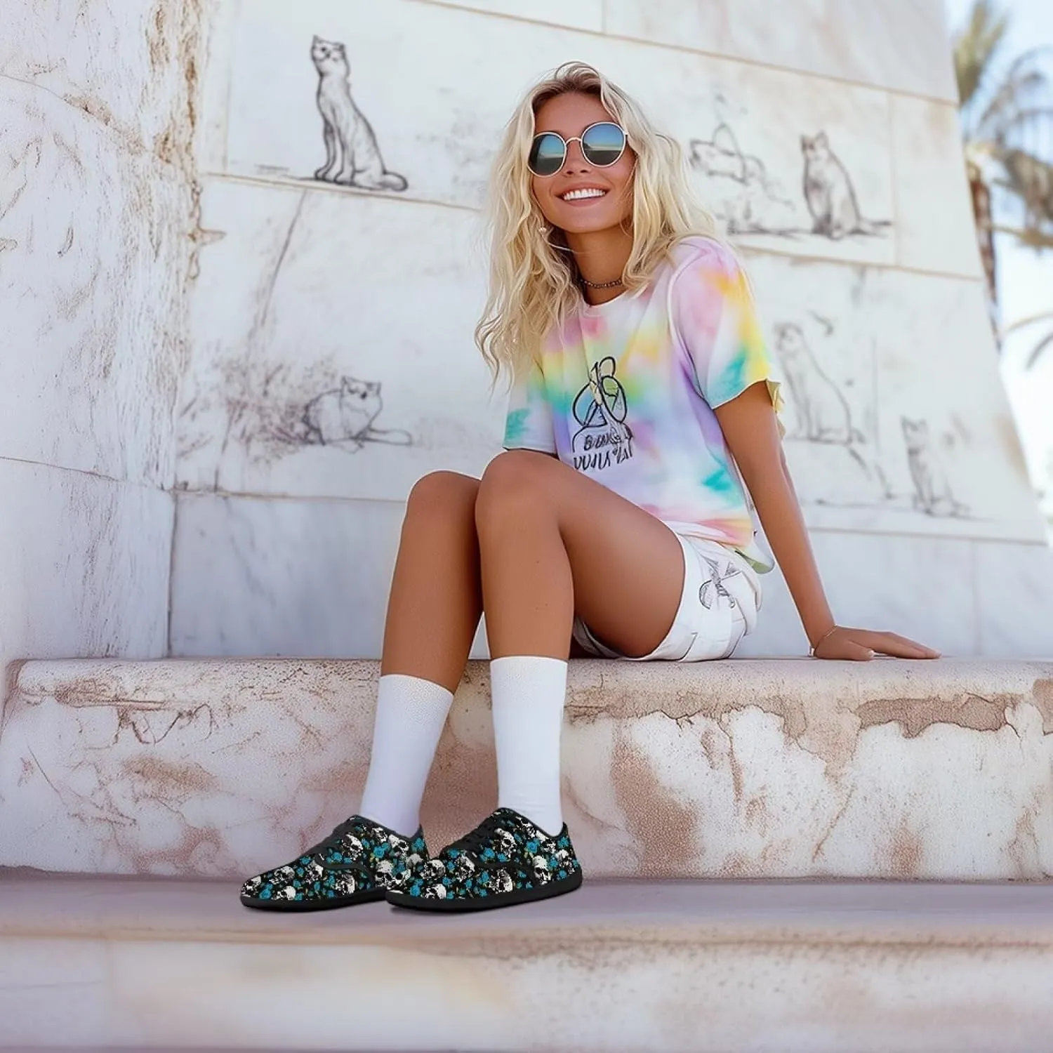 Skull Print Walking Shoes Running Sneakers Fashion Work Flats Lace-Up Driving Loafers for Women