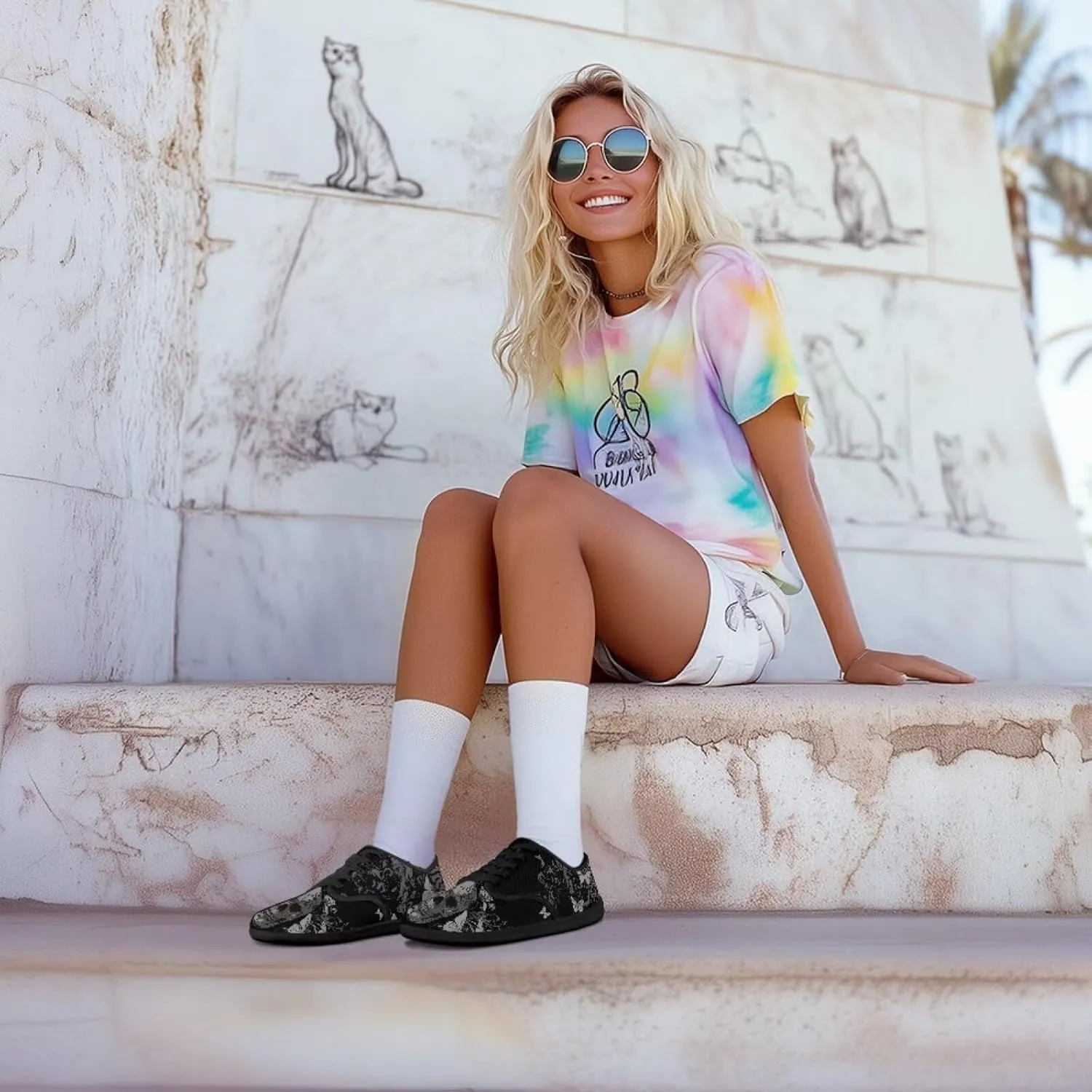 Skull Print Walking Shoes Running Sneakers Fashion Work Flats Lace-Up Driving Loafers for Women