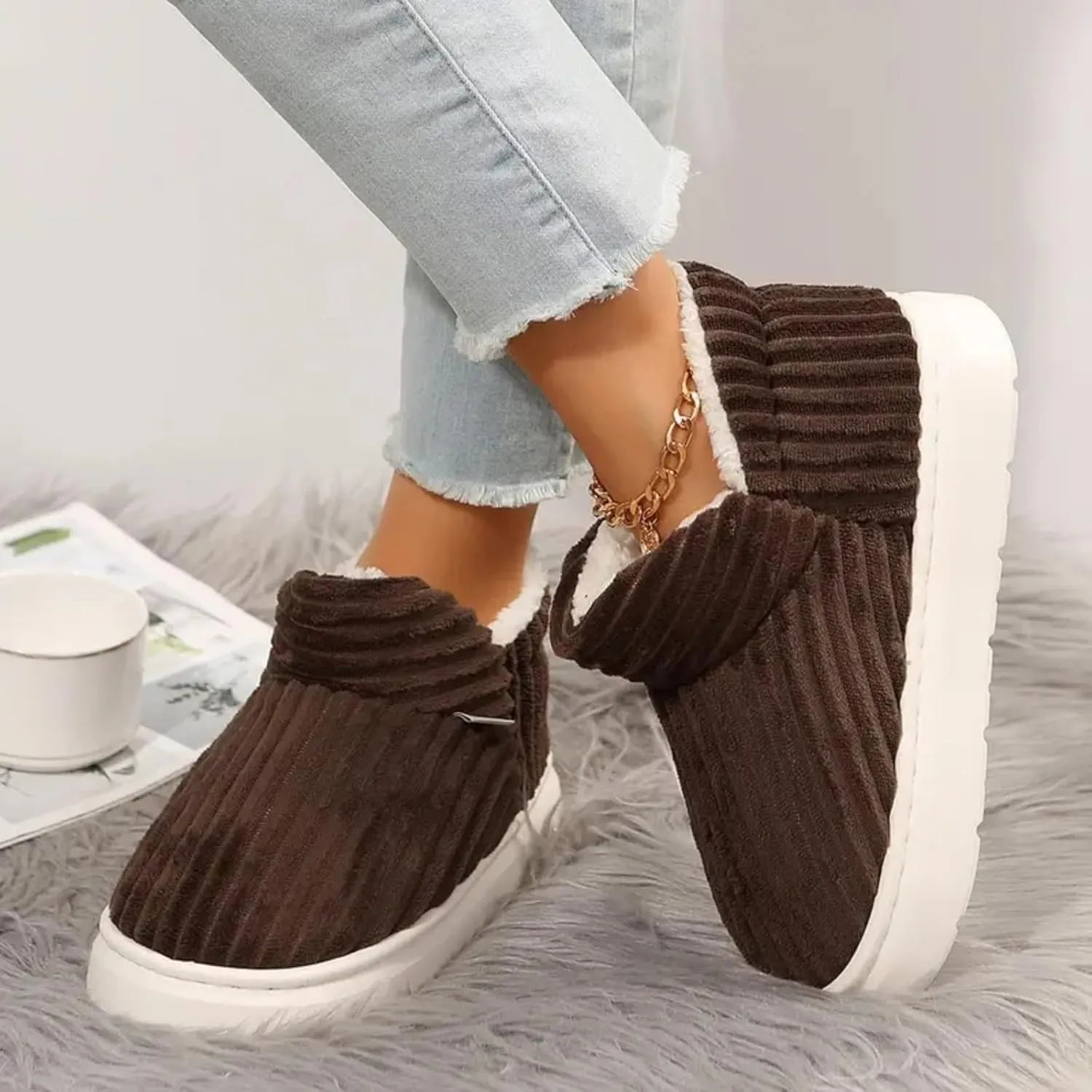 Slippers for Women Men Memory Foam Fuzzy House Slippers Bedroom Non-Slip Warm Fluffy Plush Slippers with Arch Support
