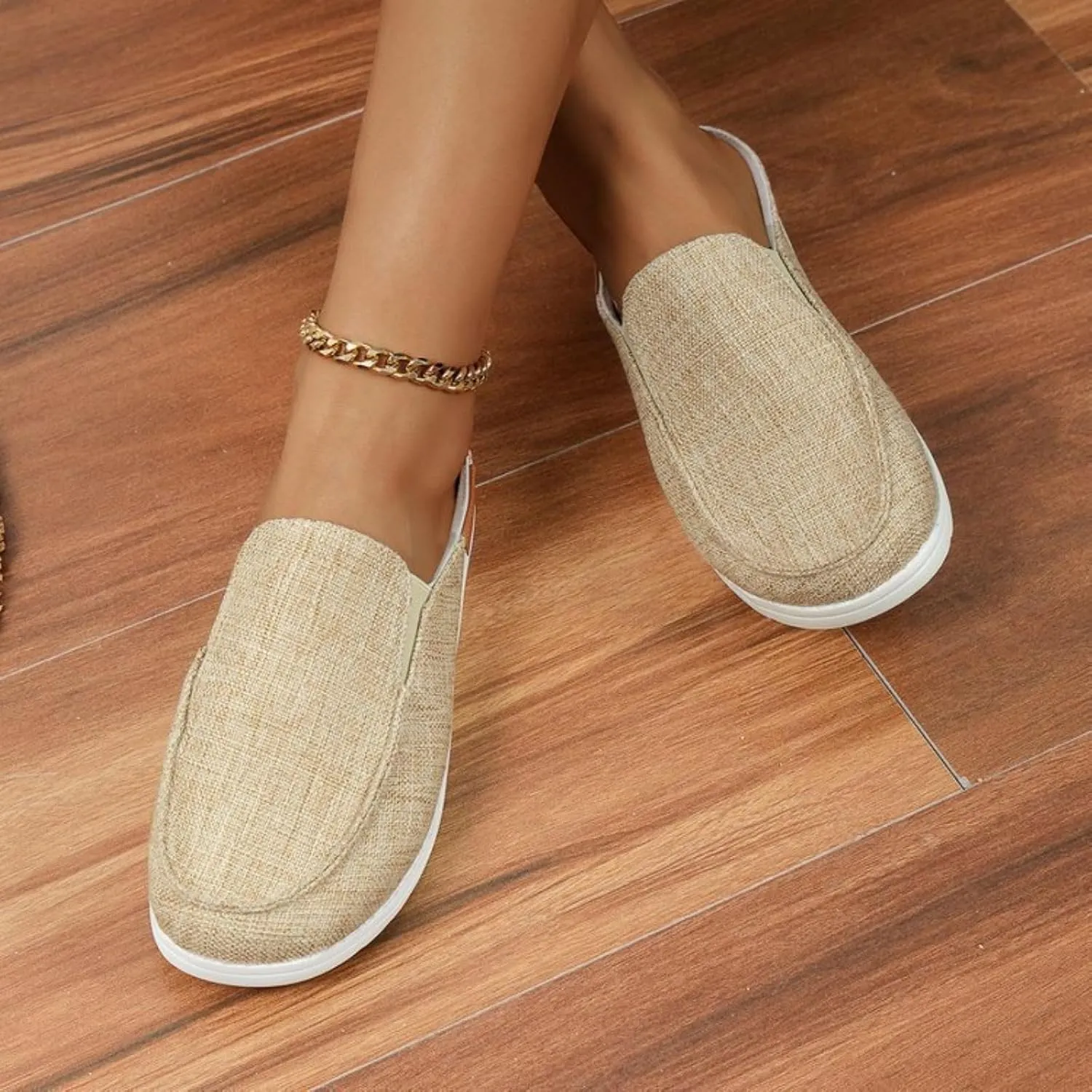 Smoneyful Women Orthopedic Slip On Loafers, Canvas for Comfort, Arch Support for Plantar Fasciitis, Lightweight Open Back Flats, Closed Toe for Walking Pain Relief