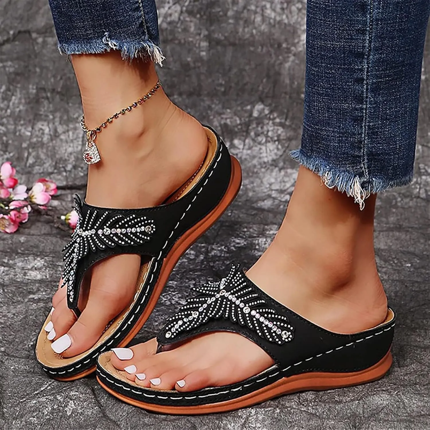 Smoneyful Womens Orthopedic Arch Support Wedge Thong Sandals Fashion Orthotic Open Toe Slip Casual Walking Low Heels Platform Comfortable Dressy Summer Wedge Sandals