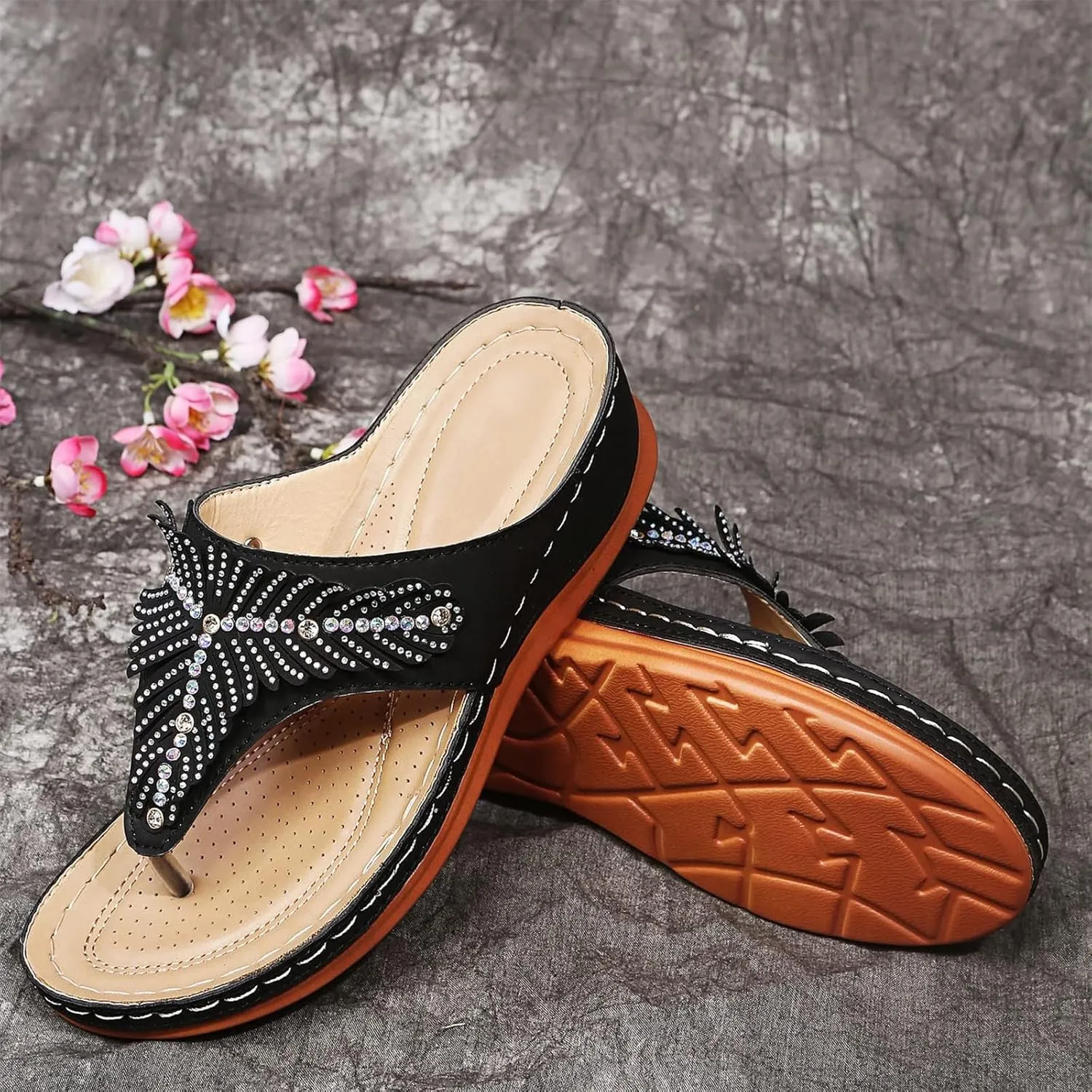 Smoneyful Womens Orthopedic Arch Support Wedge Thong Sandals Fashion Orthotic Open Toe Slip Casual Walking Low Heels Platform Comfortable Dressy Summer Wedge Sandals