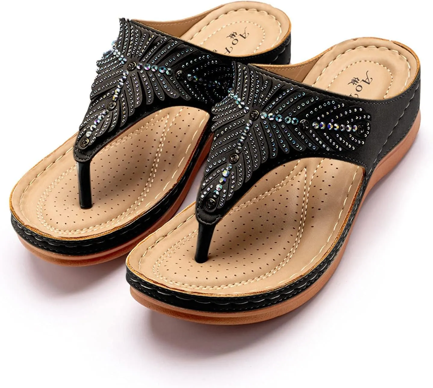Smoneyful Womens Orthopedic Arch Support Wedge Thong Sandals Fashion Orthotic Open Toe Slip Casual Walking Low Heels Platform Comfortable Dressy Summer Wedge Sandals