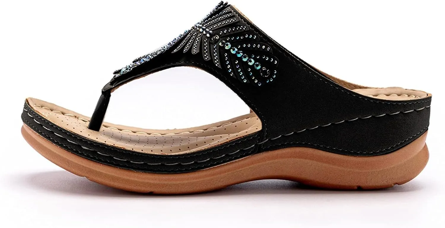 Smoneyful Womens Orthopedic Arch Support Wedge Thong Sandals Fashion Orthotic Open Toe Slip Casual Walking Low Heels Platform Comfortable Dressy Summer Wedge Sandals