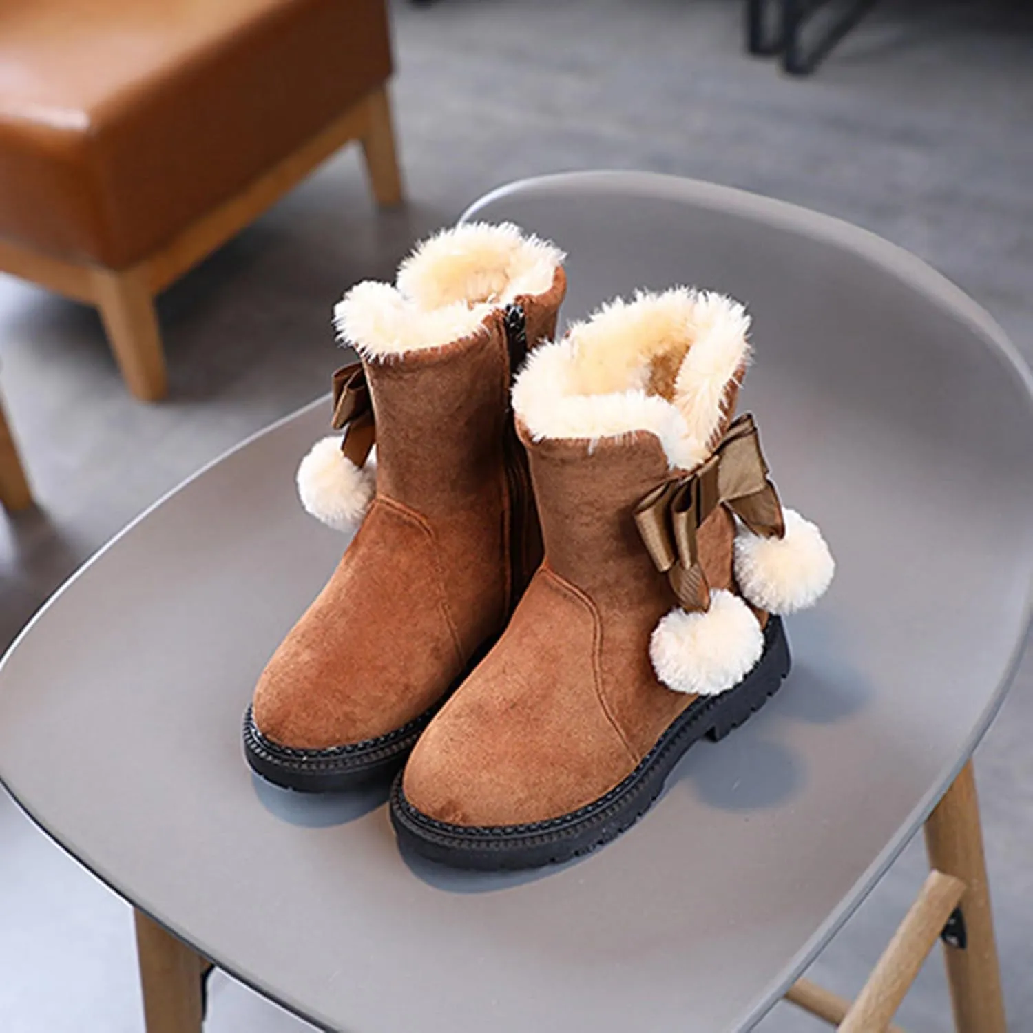 Snow Boots for Girls Boots Kids Winter Faux Fur Warm Snow Ankle FuzzyChic Kid's Bow Boots for Little Kid