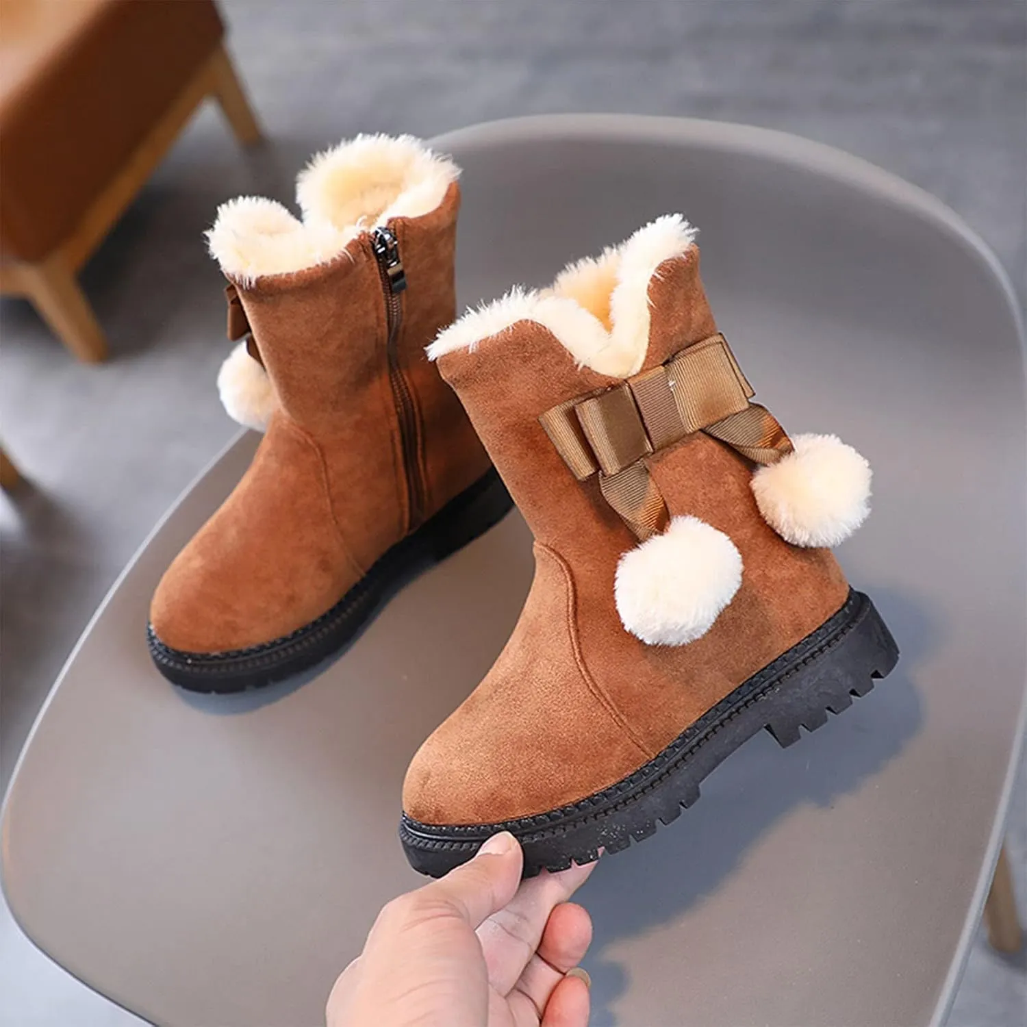Snow Boots for Kids Girls Fur Lined Warm Shoe Lace up Work Boots Shoes Combat Booties Slip on Ankle Flats