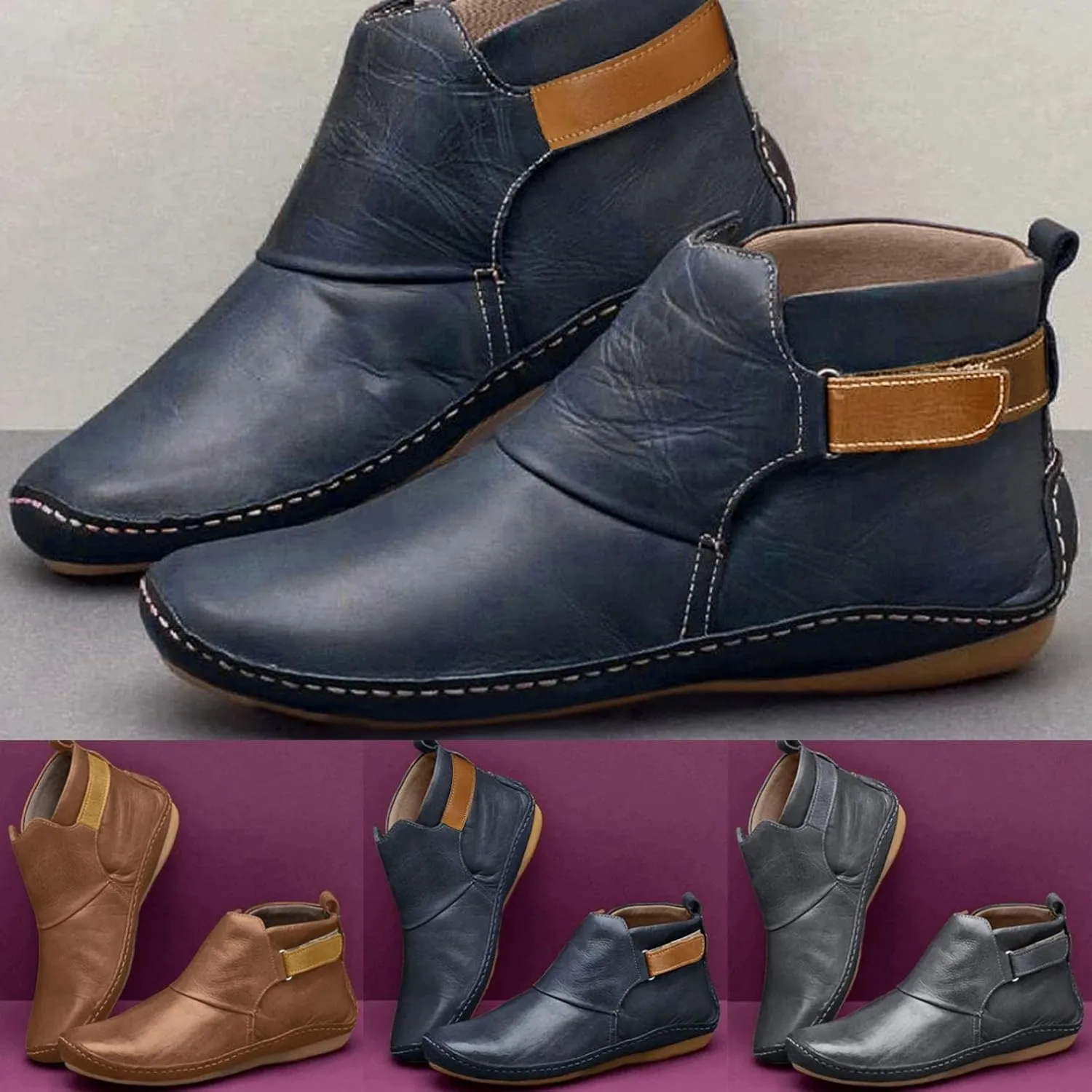 Snow Boots for Women No Heel,2022 New Arch Support Boots Side Zipper Vintage Leather Damping Shoes Flat Heel Booties