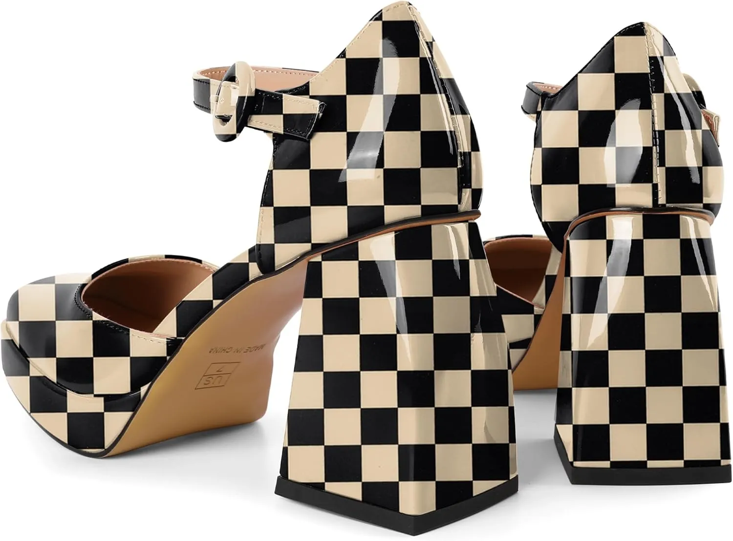 Soireelady Womens Chunky Platform Heels, Mary Jane Shoes Block Heel Pumps, High Heel Square Toe D'Orsay Heels Ankle Strap Dress Shoes 4 Inch