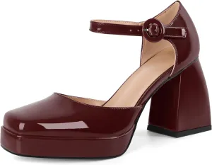 Soireelady Womens Chunky Platform Heels, Mary Jane Shoes Block Heel Pumps, High Heel Square Toe D'Orsay Heels Ankle Strap Dress Shoes 4 Inch