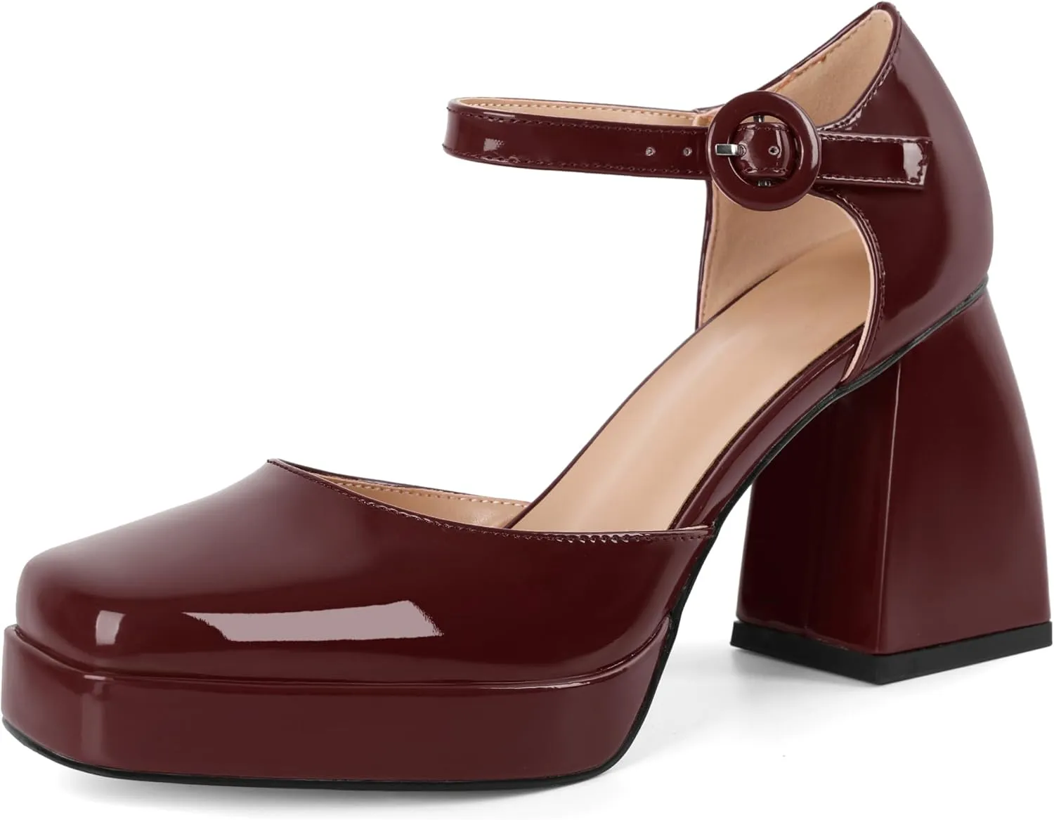 Soireelady Womens Chunky Platform Heels, Mary Jane Shoes Block Heel Pumps, High Heel Square Toe D'Orsay Heels Ankle Strap Dress Shoes 4 Inch