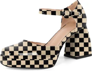 Soireelady Womens Chunky Platform Heels, Mary Jane Shoes Block Heel Pumps, High Heel Square Toe D'Orsay Heels Ankle Strap Dress Shoes 4 Inch