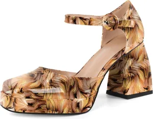 Soireelady Womens Chunky Platform Heels, Mary Jane Shoes Block Heel Pumps, High Heel Square Toe D'Orsay Heels Ankle Strap Dress Shoes 4 Inch