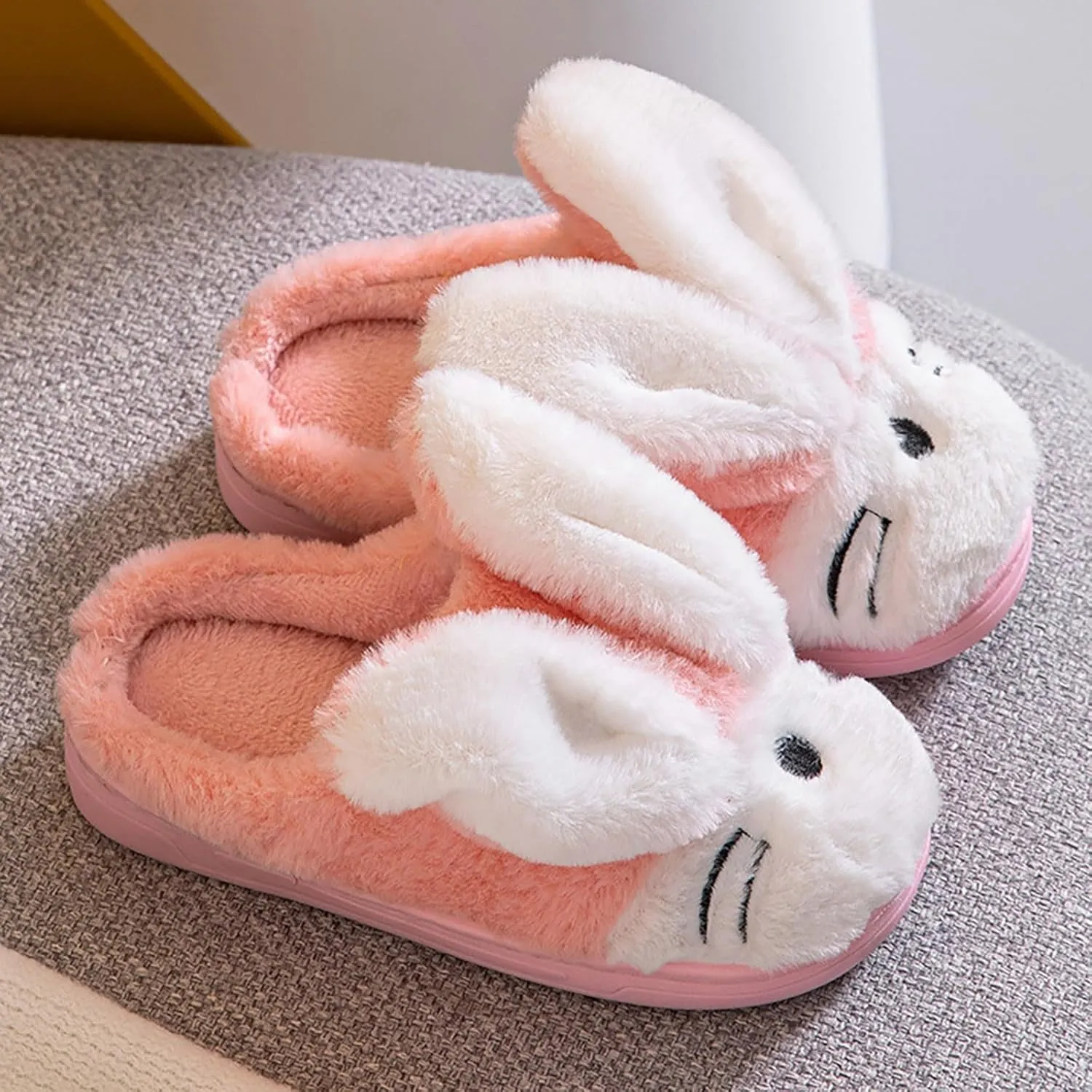 Sole Leather Bunny Ear Slippers for Toddler Baby Boys Girls Kids Fuzzy Non Slip Ankle Flat Shoes Indoor Bedroom Slipper