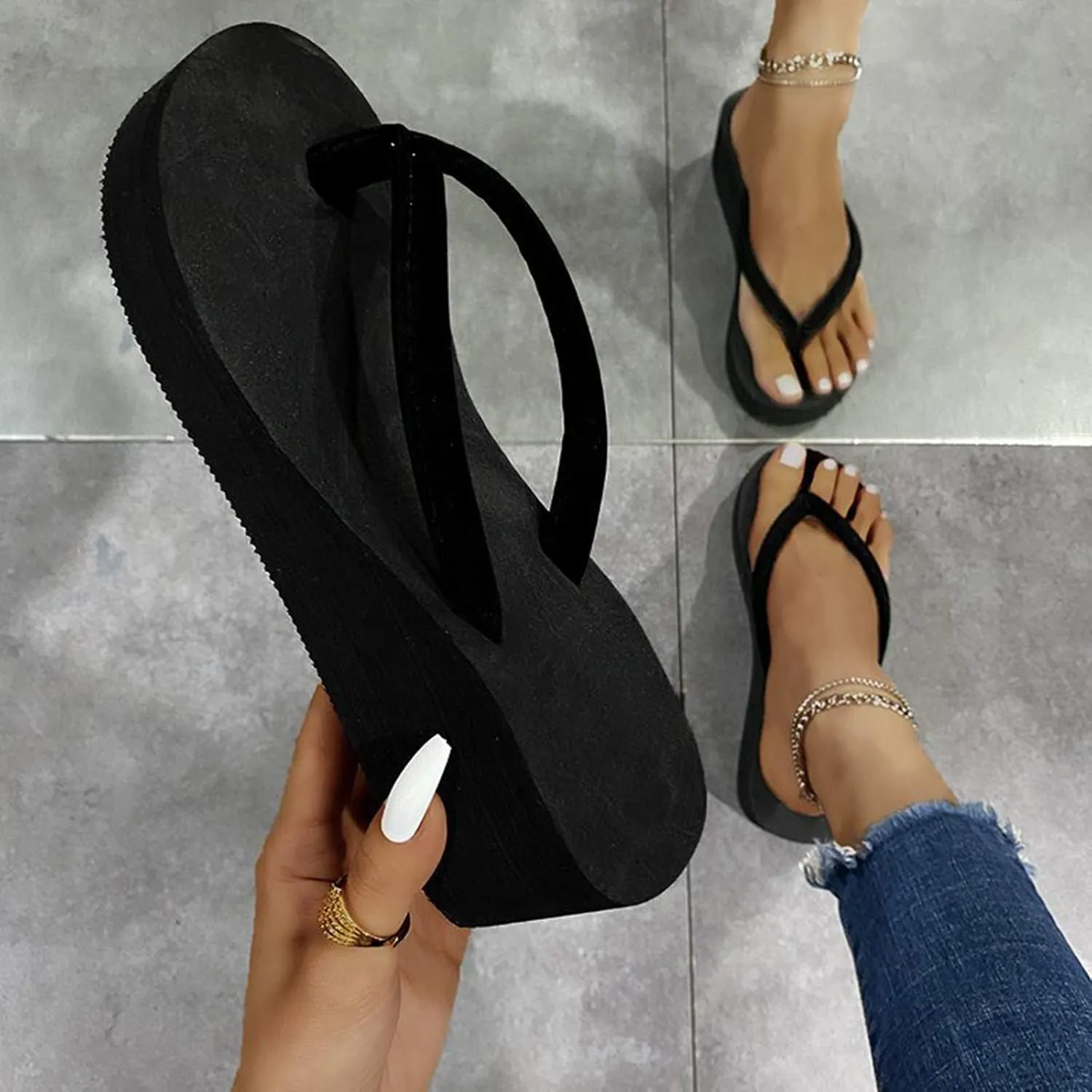 SuanlaTDS Bohemian Wedges Platform Shoes Sandals Ladies Beach Women's Slippers Women's Slipper Yoga Flip Flops Women with Yoga Mat Pad (Black, 8.5)