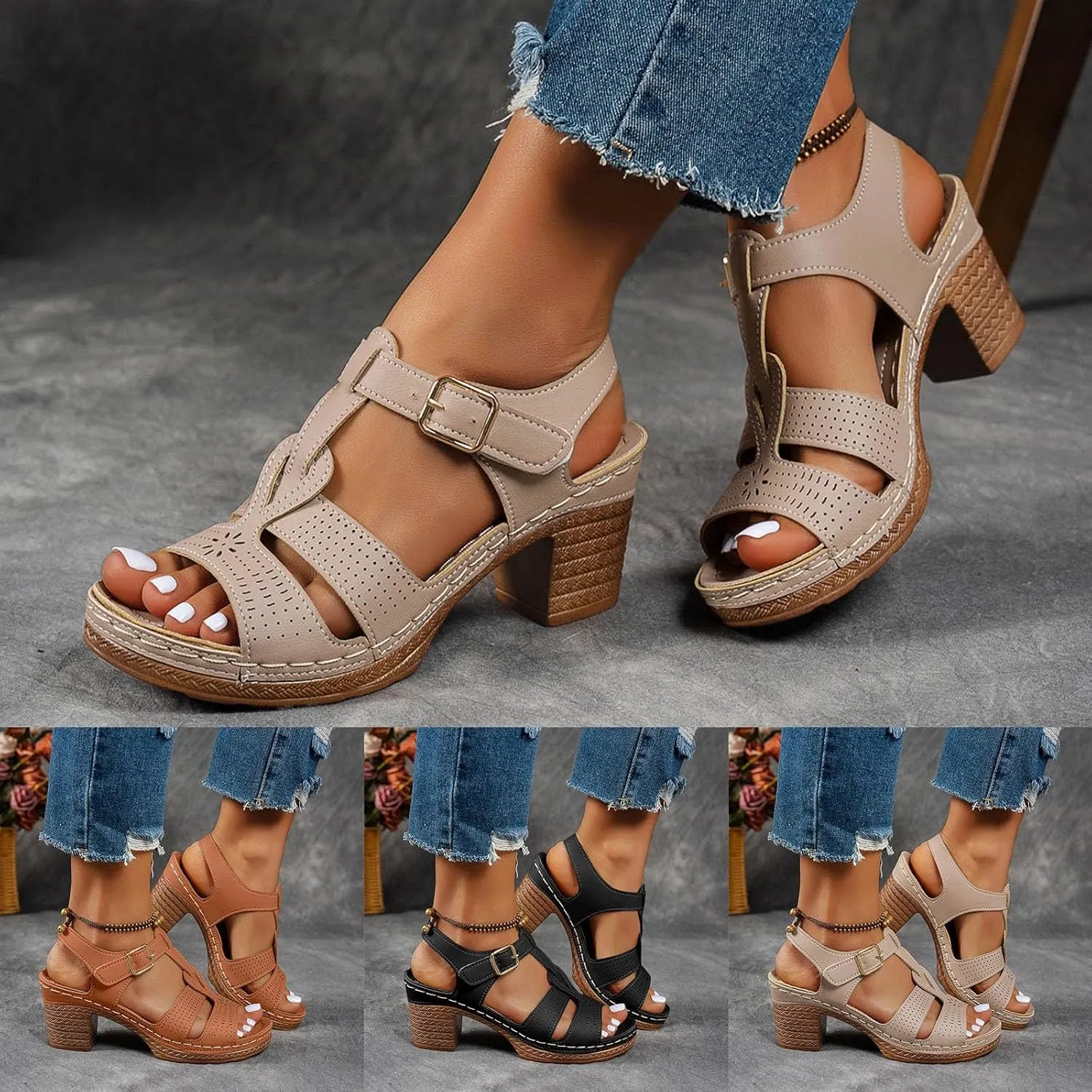 Summer Sandals for Women 2025 Dressy Comfortable Chunky Heels Open Toe Ankle Strap Low Heel Sandals Casual Slip On Block Heels Dress Shoes for Work Dating Party