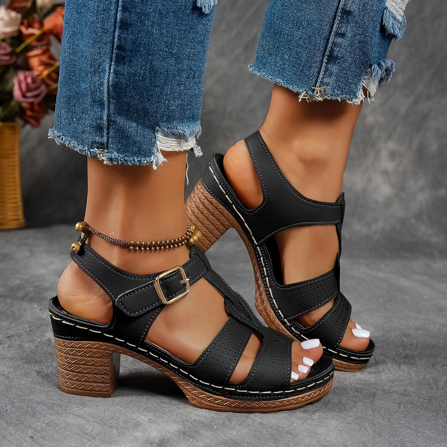 Summer Sandals for Women 2025 Dressy Comfortable Chunky Heels Open Toe Ankle Strap Low Heel Sandals Casual Slip On Block Heels Dress Shoes for Work Dating Party