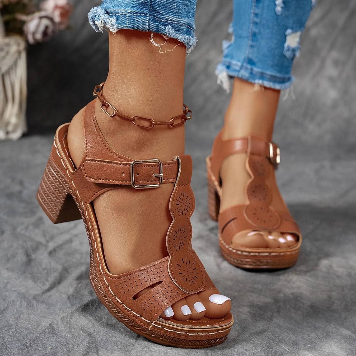 Summer Sandals for Women 2025 Women's Low Block Heeled Platform Wedge Sandal Chunky Heel Open Toe Slides with Ankle Strappy Wedding Party Dressy Casual Mules Slip-on Shoes