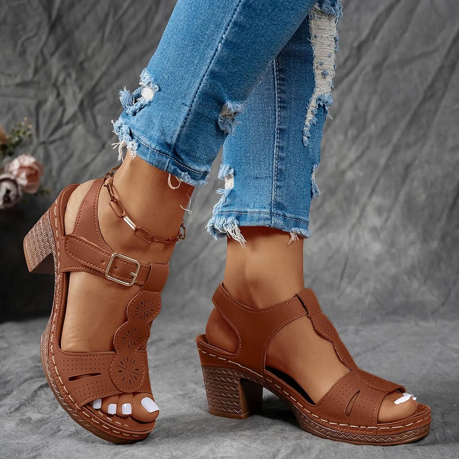 Summer Sandals for Women 2025 Women's Low Block Heeled Platform Wedge Sandal Chunky Heel Open Toe Slides with Ankle Strappy Wedding Party Dressy Casual Mules Slip-on Shoes