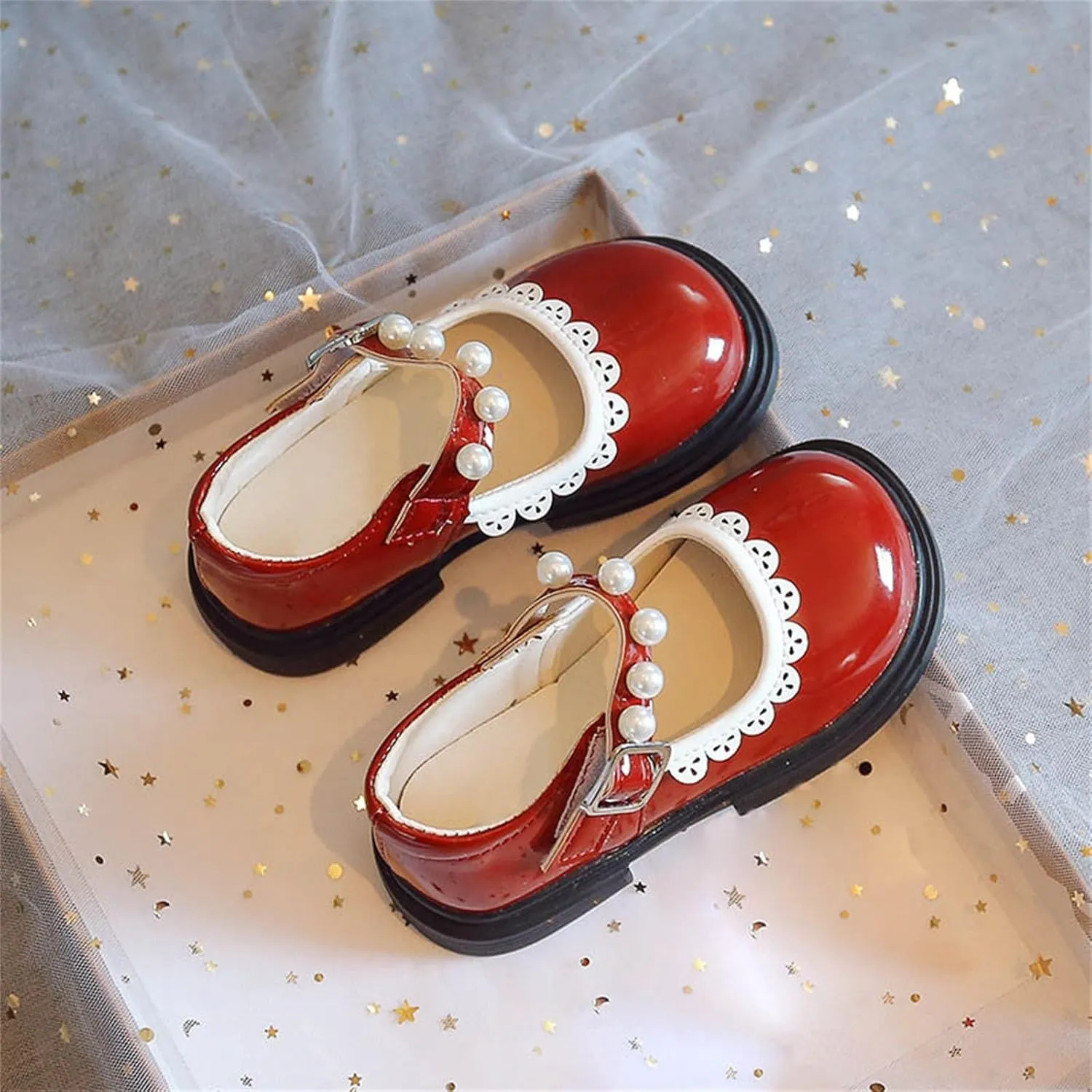 Toddler Baby Mary Jane Shoes Girls Flower Dress Shoes Wedding Party School Softy Ankle Pearl Strap Ballet Flats