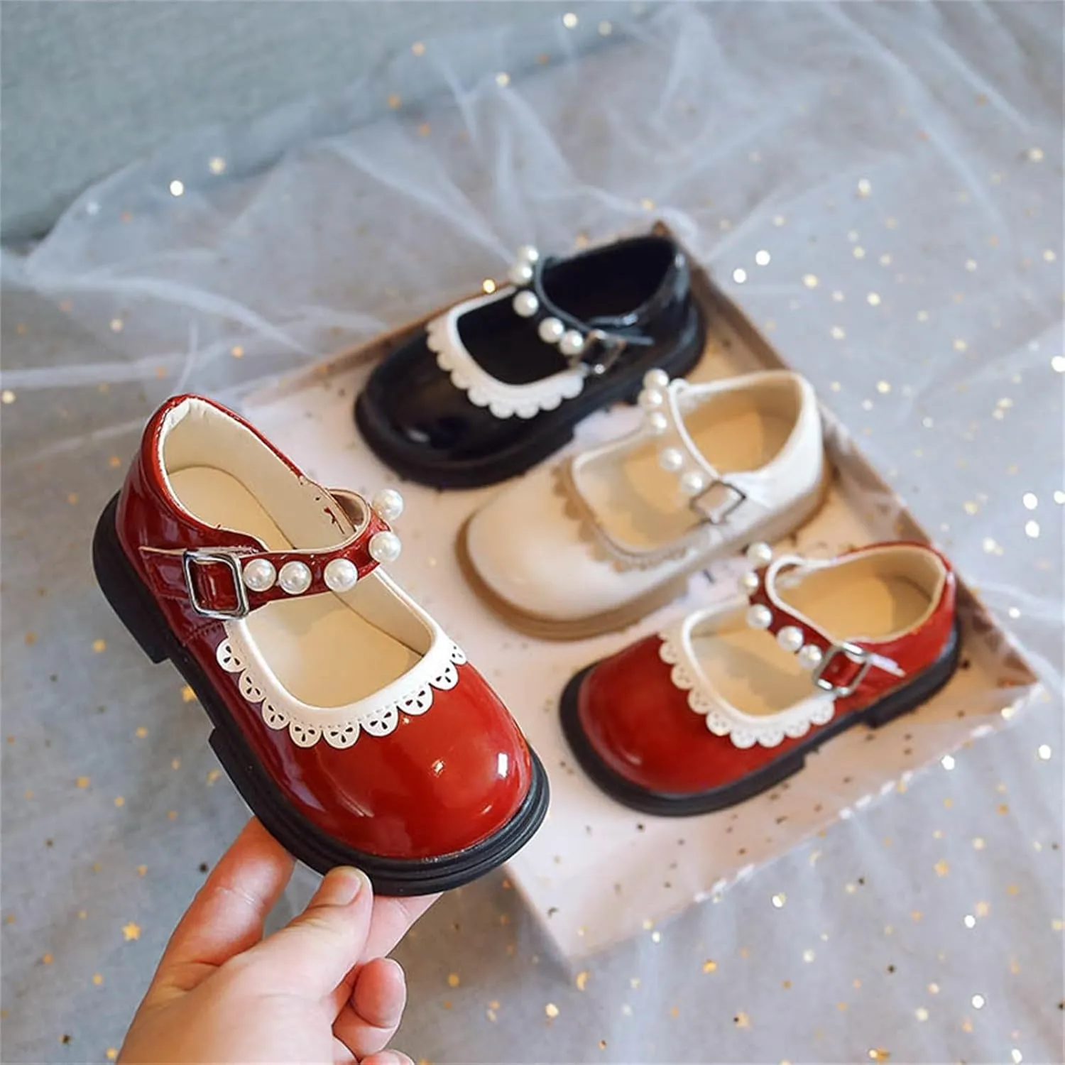 Toddler Baby Mary Jane Shoes Girls Flower Dress Shoes Wedding Party School Softy Ankle Pearl Strap Ballet Flats