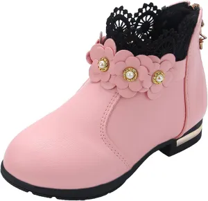 Toddler Boots Baby Girl Boy Warm ?aterproof Winter 3D Flowers Ankle Boots Leather Soft Sole (Pink, 12 Little Child)