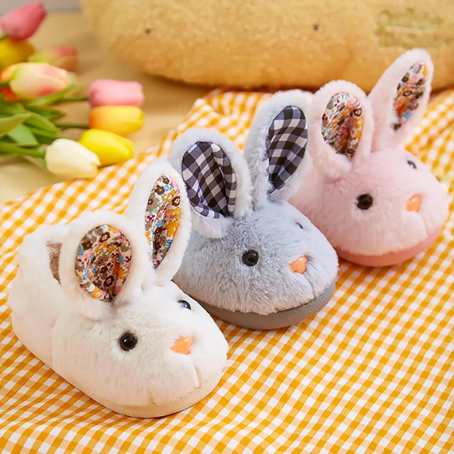 Toddler Girls Boys Home Slippers Fuzzy Bunny Ear Warm Winter Fleece Indoor Slipper Kids Flat Soft Plush Shoes