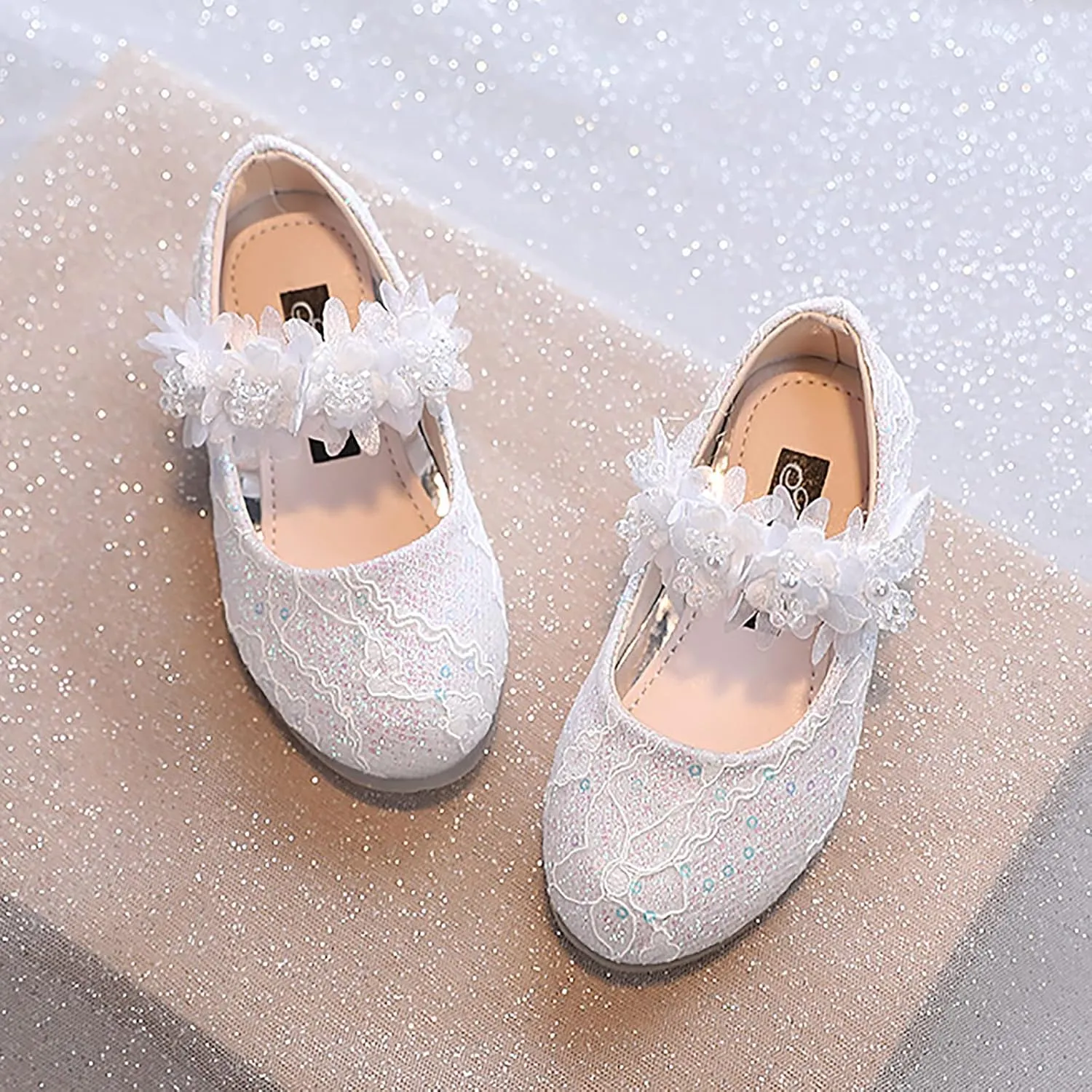 Toddler Girls Dress Shoes Flower Girl Shoes Ankle Strap Ballet Flat Pearls Mary Jane Wedding Party Flower Toddler Shoes