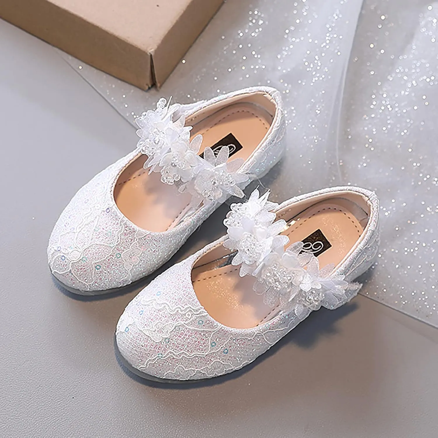 Toddler Girls Dress Shoes Flower Girl Shoes Ankle Strap Ballet Flat Pearls Mary Jane Wedding Party Flower Toddler Shoes