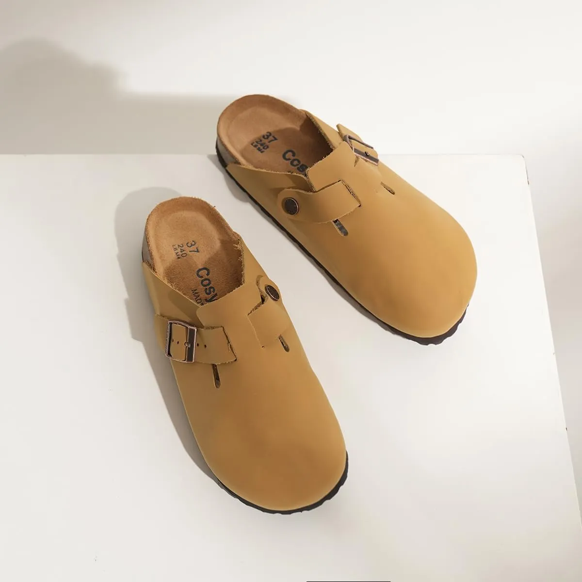 Unisex Cork Clogs and Mules,Soft Smoonth Leather Women/Men Sandal House Slipper,Skin-Friendly and Comfortable Footbed Suede Slippers,Arch Support,Adjustable Buckle