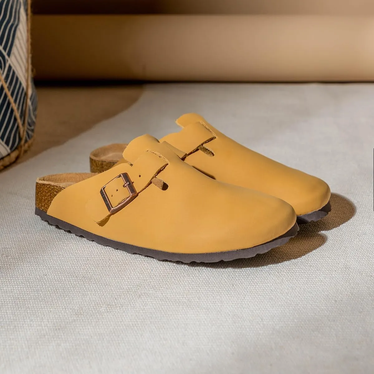 Unisex Cork Clogs and Mules,Soft Smoonth Leather Women/Men Sandal House Slipper,Skin-Friendly and Comfortable Footbed Suede Slippers,Arch Support,Adjustable Buckle