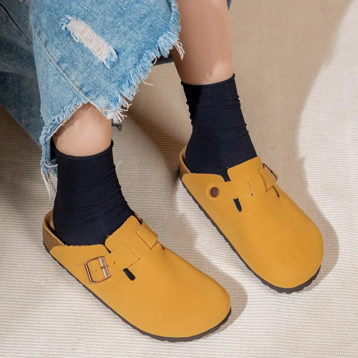 Unisex Cork Clogs and Mules,Soft Smoonth Leather Women/Men Sandal House Slipper,Skin-Friendly and Comfortable Footbed Suede Slippers,Arch Support,Adjustable Buckle