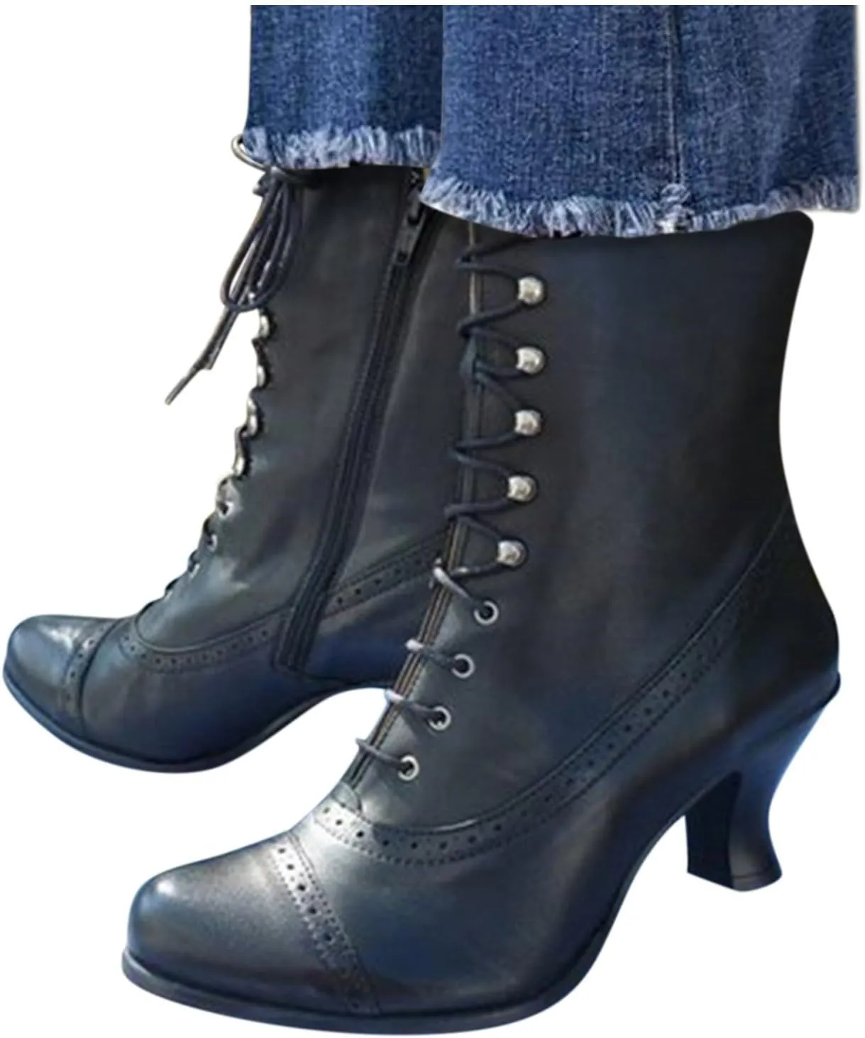Victorian Boots for Women Vintage Boots 70s Lace up Ankle Boots Mid Heel Booties Heel Side Zippers Round Toe Costume Shoes