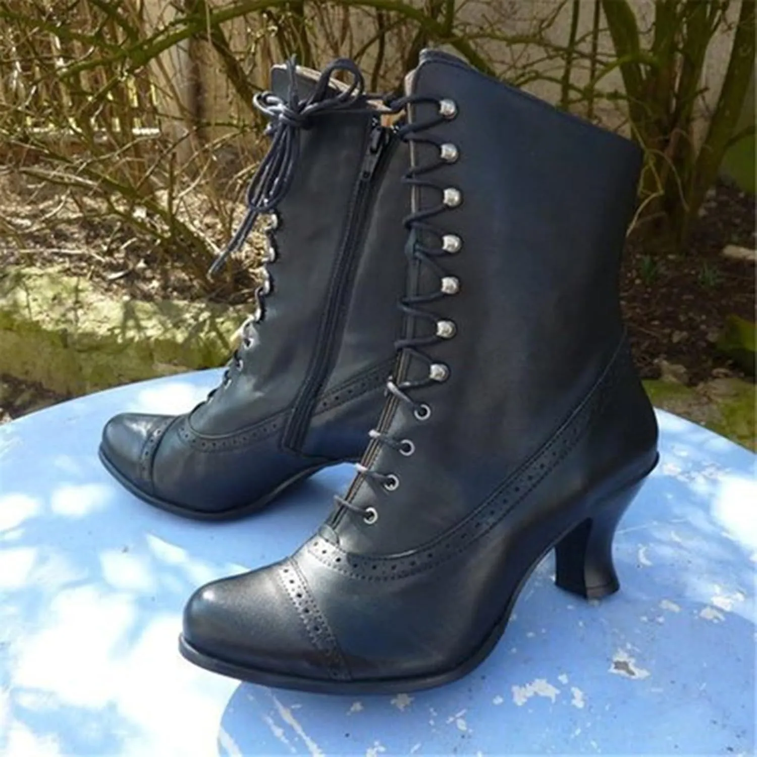 Victorian Boots for Women Vintage Boots 70s Lace up Ankle Boots Mid Heel Booties Heel Side Zippers Round Toe Costume Shoes