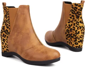 Wedge Boots for Women Arch Support,Womens Comfortable Ankle Wedge Booties Elastic Slip On Faux Leather Booties Patchwork Leopard Fashion Hidden Heeled Wedge Ankle Booties Wide
