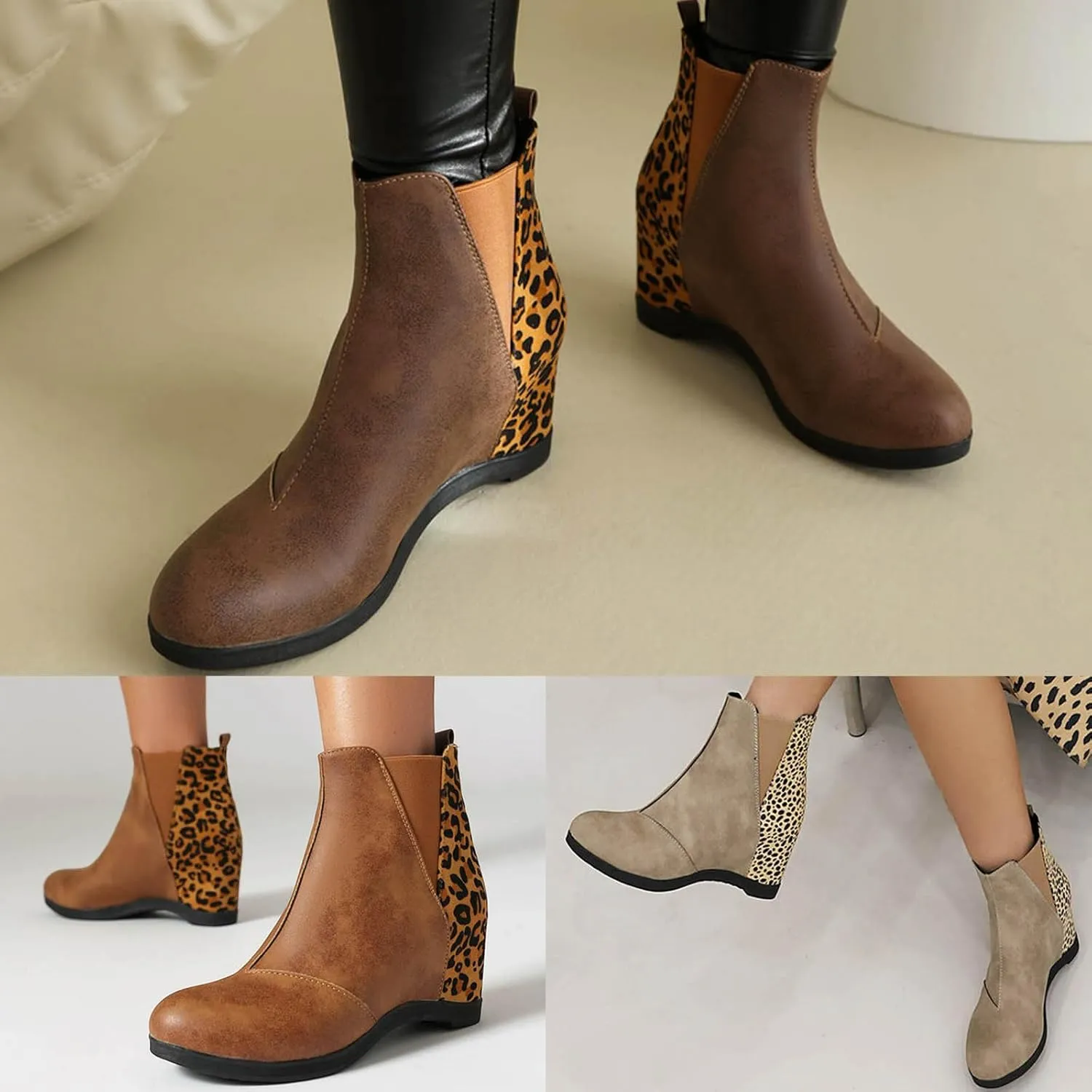 Wedge Boots for Women Arch Support,Womens Comfortable Ankle Wedge Booties Elastic Slip On Faux Leather Booties Patchwork Leopard Fashion Hidden Heeled Wedge Ankle Booties Wide