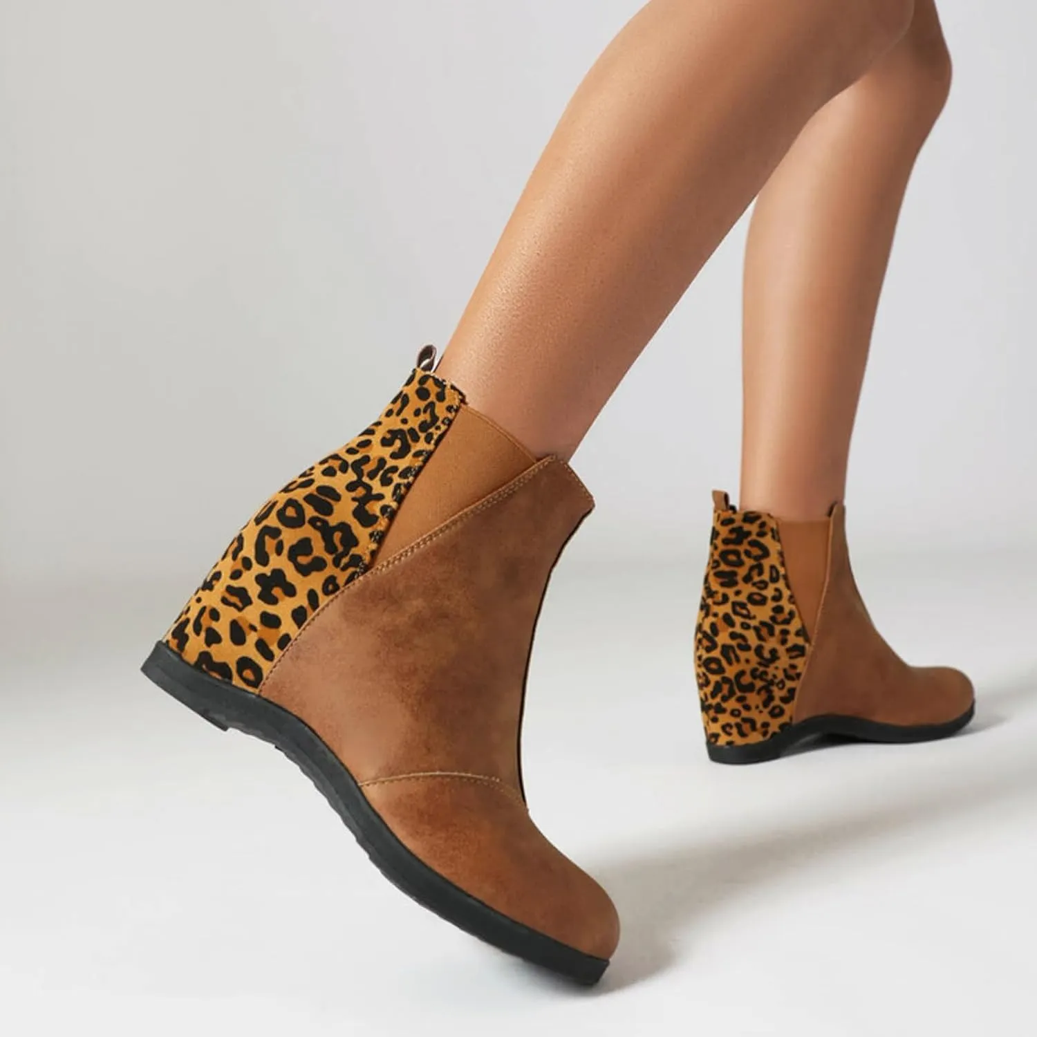 Wedge Boots for Women Arch Support,Womens Comfortable Ankle Wedge Booties Elastic Slip On Faux Leather Booties Patchwork Leopard Fashion Hidden Heeled Wedge Ankle Booties Wide
