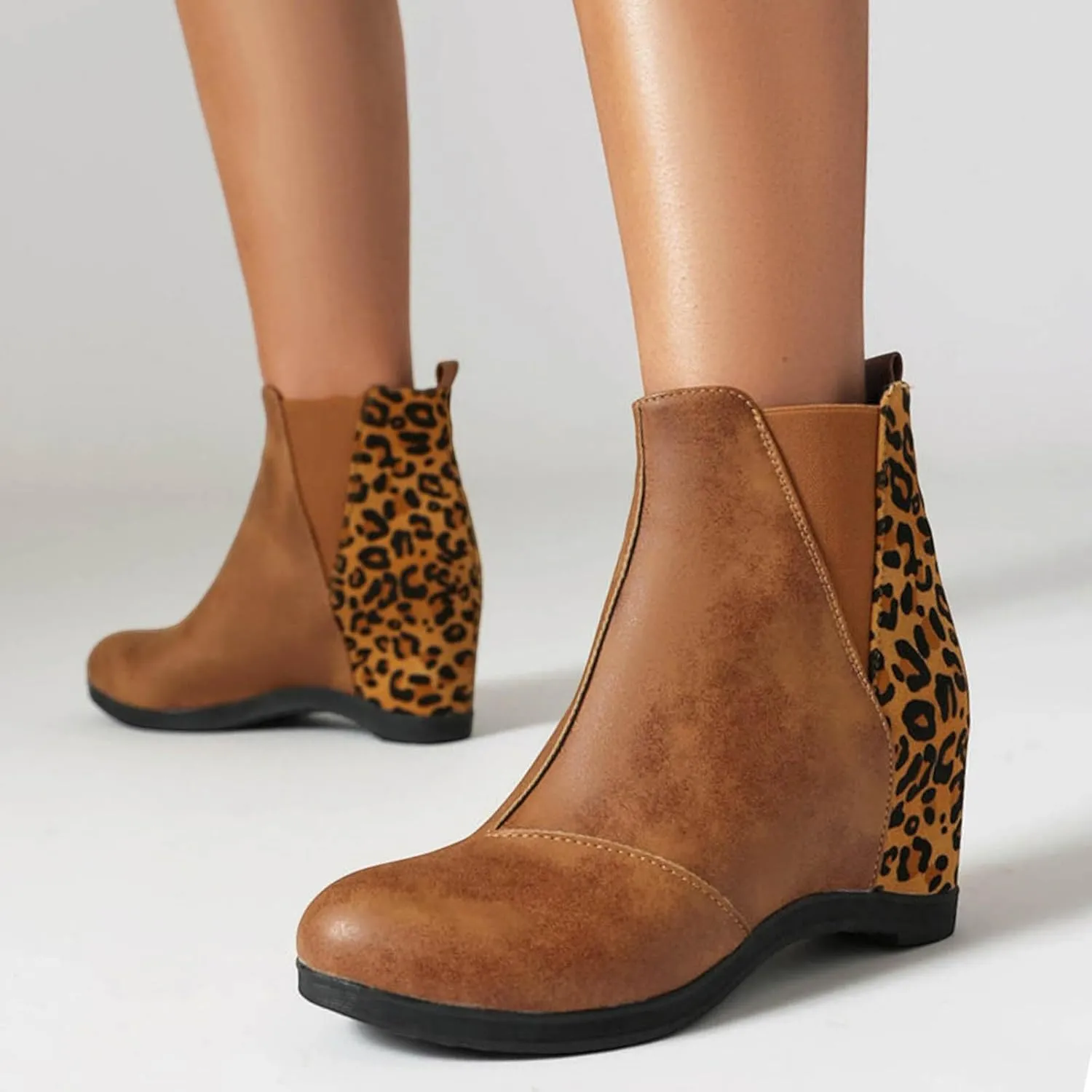 Wedge Boots for Women Arch Support,Womens Comfortable Ankle Wedge Booties Elastic Slip On Faux Leather Booties Patchwork Leopard Fashion Hidden Heeled Wedge Ankle Booties Wide