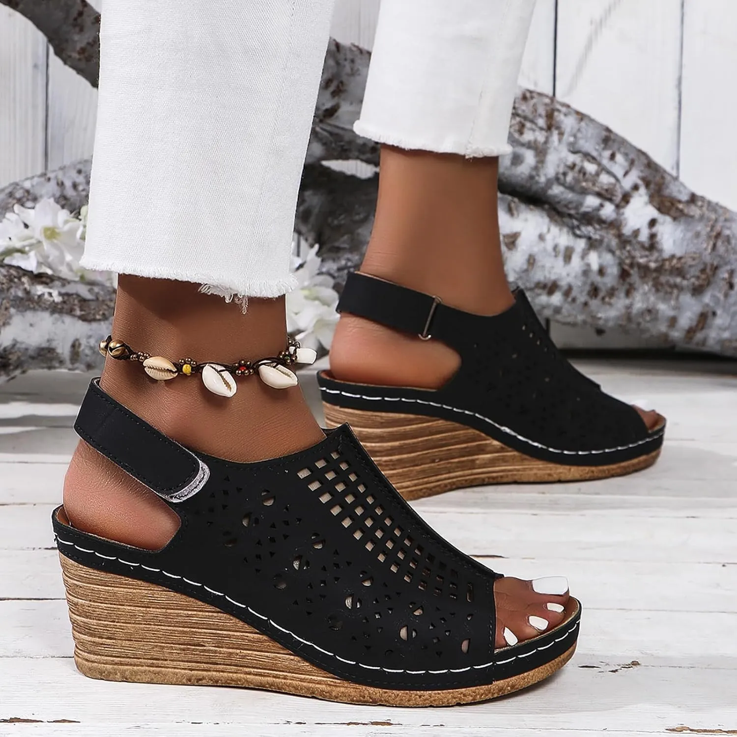 Wedge Sandals for Women 2025 Peep Toe Hollow Out Slip On Platform Wedge Sandals with Adjustable Hook and Loop Dressy Orthopedic Comfortable Walking Trendy Casual Sandal Wedding Elegant Sandal