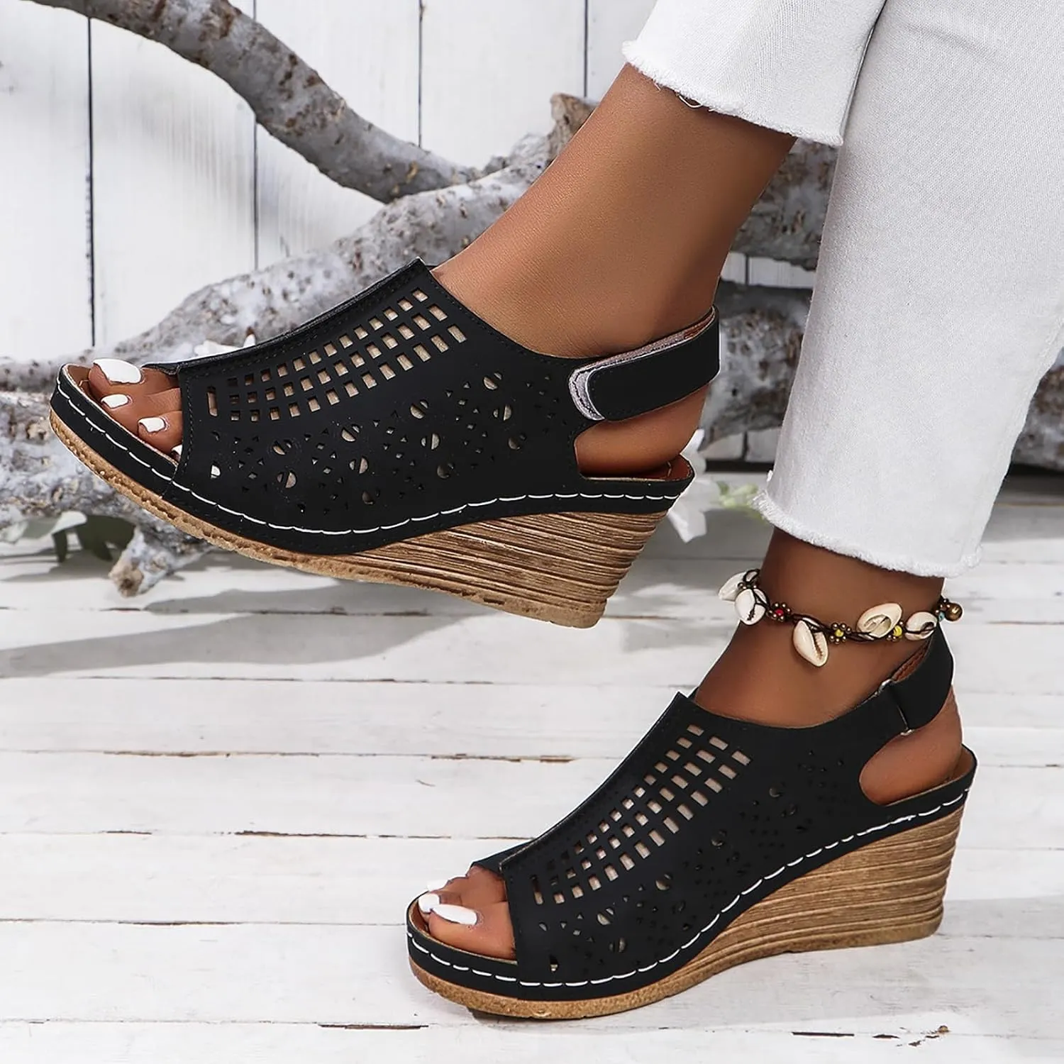 Wedge Sandals for Women 2025 Peep Toe Hollow Out Slip On Platform Wedge Sandals with Adjustable Hook and Loop Dressy Orthopedic Comfortable Walking Trendy Casual Sandal Wedding Elegant Sandal