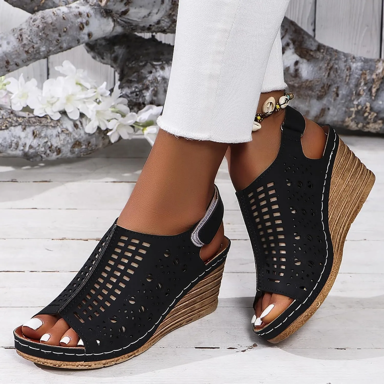 Wedge Sandals for Women 2025 Peep Toe Hollow Out Slip On Platform Wedge Sandals with Adjustable Hook and Loop Dressy Orthopedic Comfortable Walking Trendy Casual Sandal Wedding Elegant Sandal
