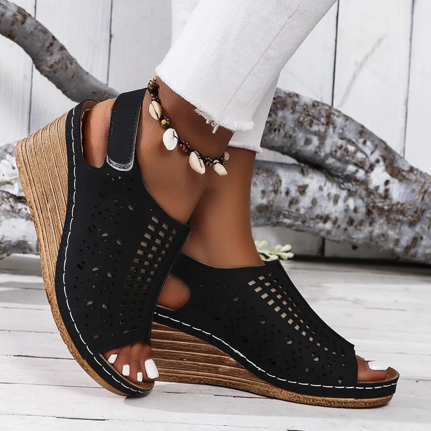 Wedge Sandals for Women 2025 Peep Toe Hollow Out Slip On Platform Wedge Sandals with Adjustable Hook and Loop Dressy Orthopedic Comfortable Walking Trendy Casual Sandal Wedding Elegant Sandal