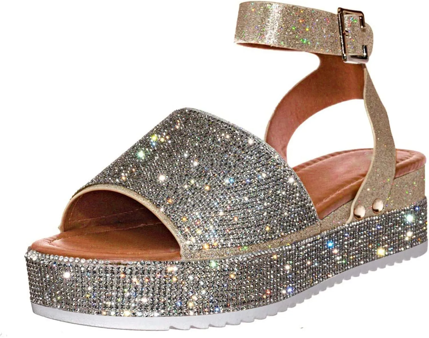 Wedge Sandals for Women Rhinestone Glitter Platform Sandal Fashion Boho Crystal Wedges, Open Toe Ankle Strap Dress Sandals Casual Beach Banquet Flat Shoes All Day Comfort
