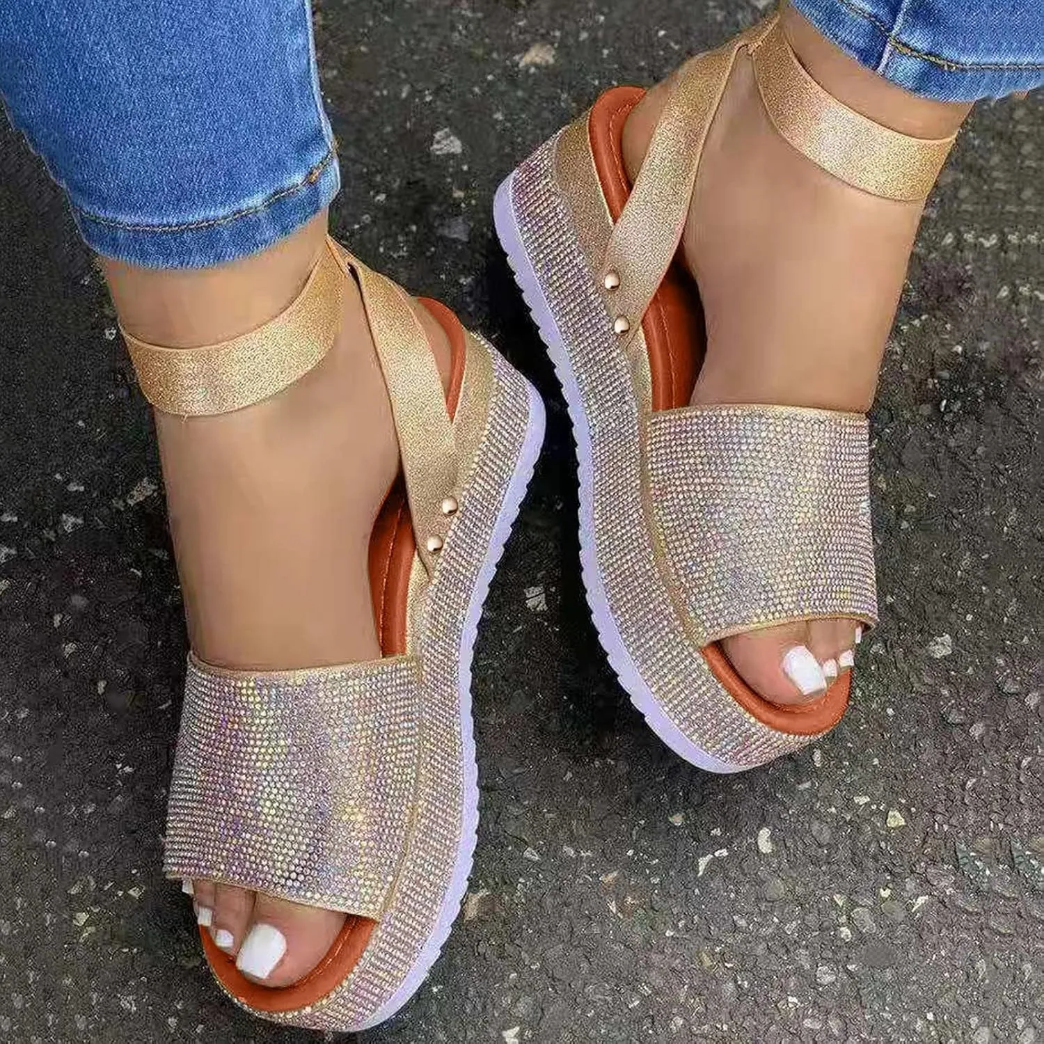 Wedge Sandals for Women Rhinestone Glitter Platform Sandal Fashion Boho Crystal Wedges, Open Toe Ankle Strap Dress Sandals Casual Beach Banquet Flat Shoes All Day Comfort
